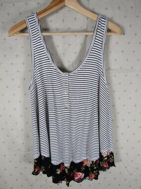 Emory Park Striped Henley Tank Floral Hem Women's Size medium Made in USA
